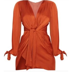 PrettyLittleThing Orange Long Sleeve Twist Front Mini Dress